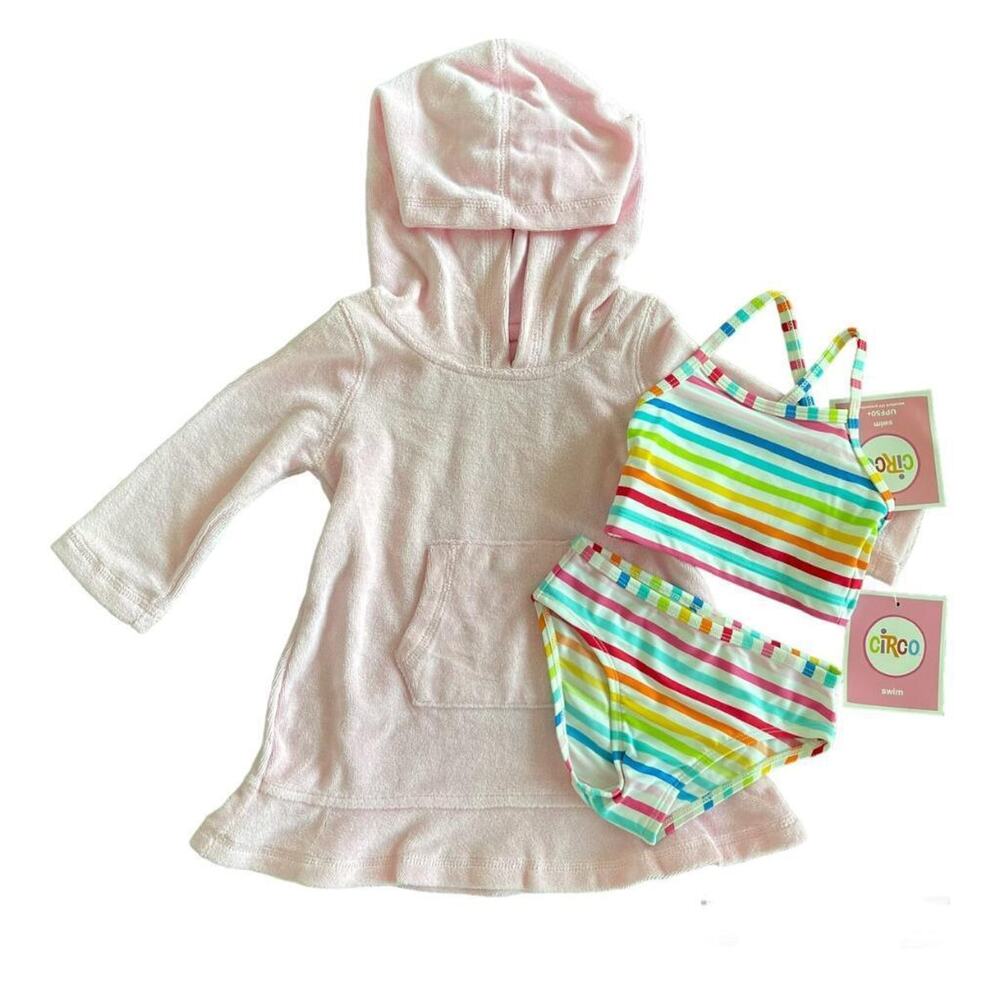 NWT 3 Piece Set 12M Rainbow Stripe Bikini Pink Terry Hooded Long Sleeve Cover Up